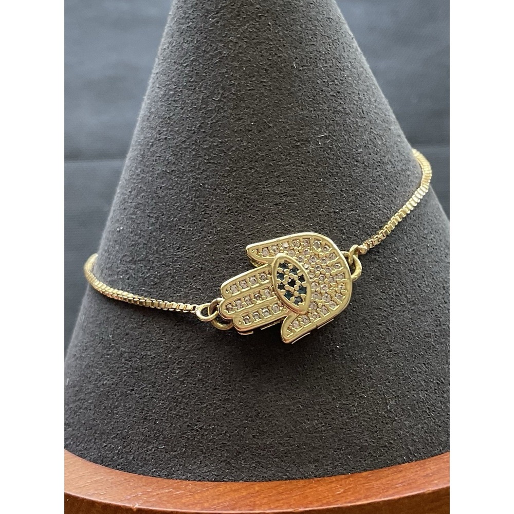 Gold Tone hamsa hand bracelet Evil Eye Bolo Adjustable Estate Jewelry